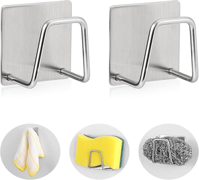 2-Pack Stainless Steel Sponge Holder for Kitchen Sink - Rustproof Brushed SUS304 Sponge Caddy Organizer, Wall/Surface Mount, Drainage Design, Clutter-Free Storage