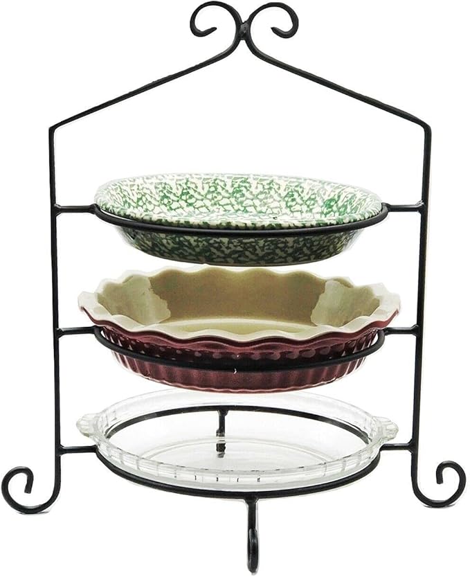 3 Tier Pie Plate Stand - Solid Satin Black Wrought Iron Triple Rack Display Amish Handmade in USA
