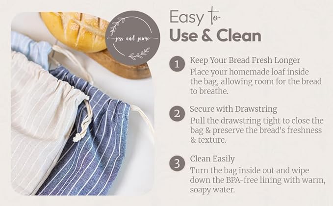 Reusable Bread Bags with Drawstring | XL Pack of 3 | Eco-Friendly Washable Linen Bread Bag & Spacious Sourdough Bread Storage | Bread Bags Reusable Keeps Your Loaf Fresh | Strips Design