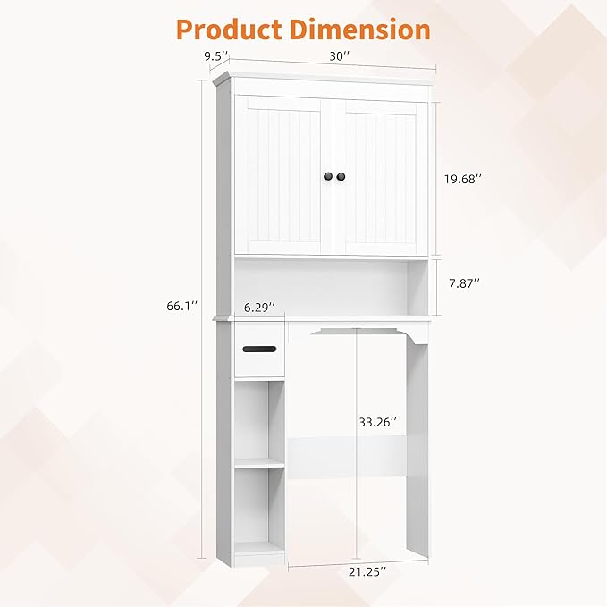 IDEALHOUSE 23.6 Inches Wide Toilet Rack with Over The Toilet Storage Cabinet, Bathroom Shelf Organizer with Anti-Tip Device, Small Freestanding Space Saver with Adjustable Shelf (White 30" W)