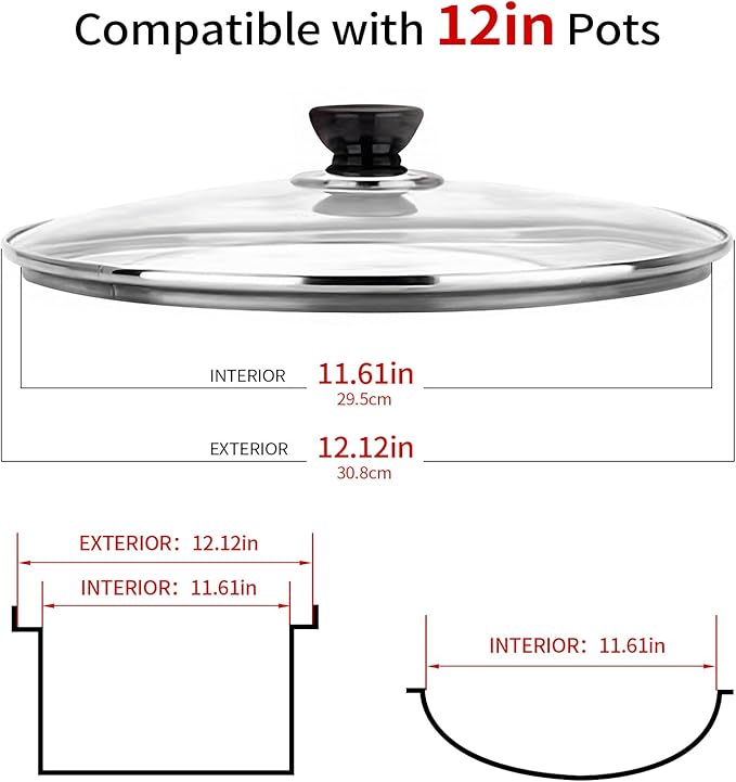 12 Inch Pan Lid, 12'' Frying Pan Lid, Tempered Glass Cast Iron Lids for Skillets, Fry Pan, Wok Pot (12 inch)