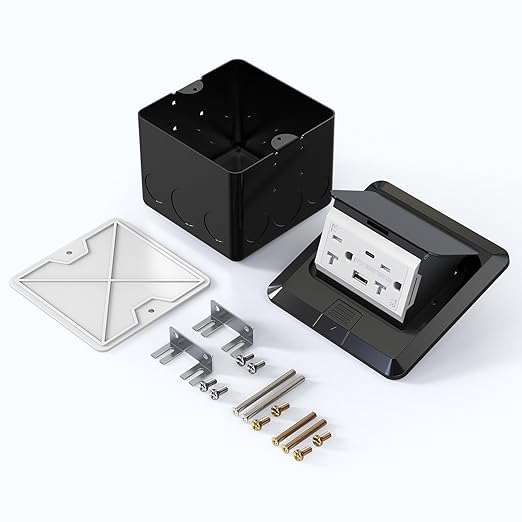 KYHSHJ USB Pop Up Floor Socket Kit with 2 * 20A Receptacle，4.8A 1 USB-A Ports &1 USB-C Port，Corrosive Resistant Hardware,Black