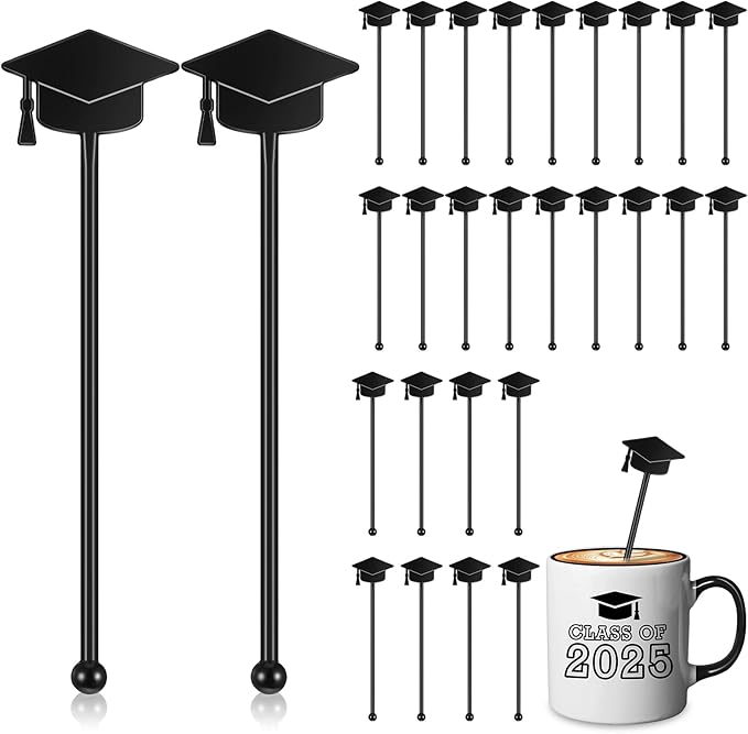 SiliFine 30 Pcs Graduation Cap Drink Stirrers Graduation Stir Sticks Coffee Stirrers Cocktail Mixers Plastic Swizzle Sticks Hot Cocoa Bar Supplies for Party Bar Coffee Tea Favors (Black)