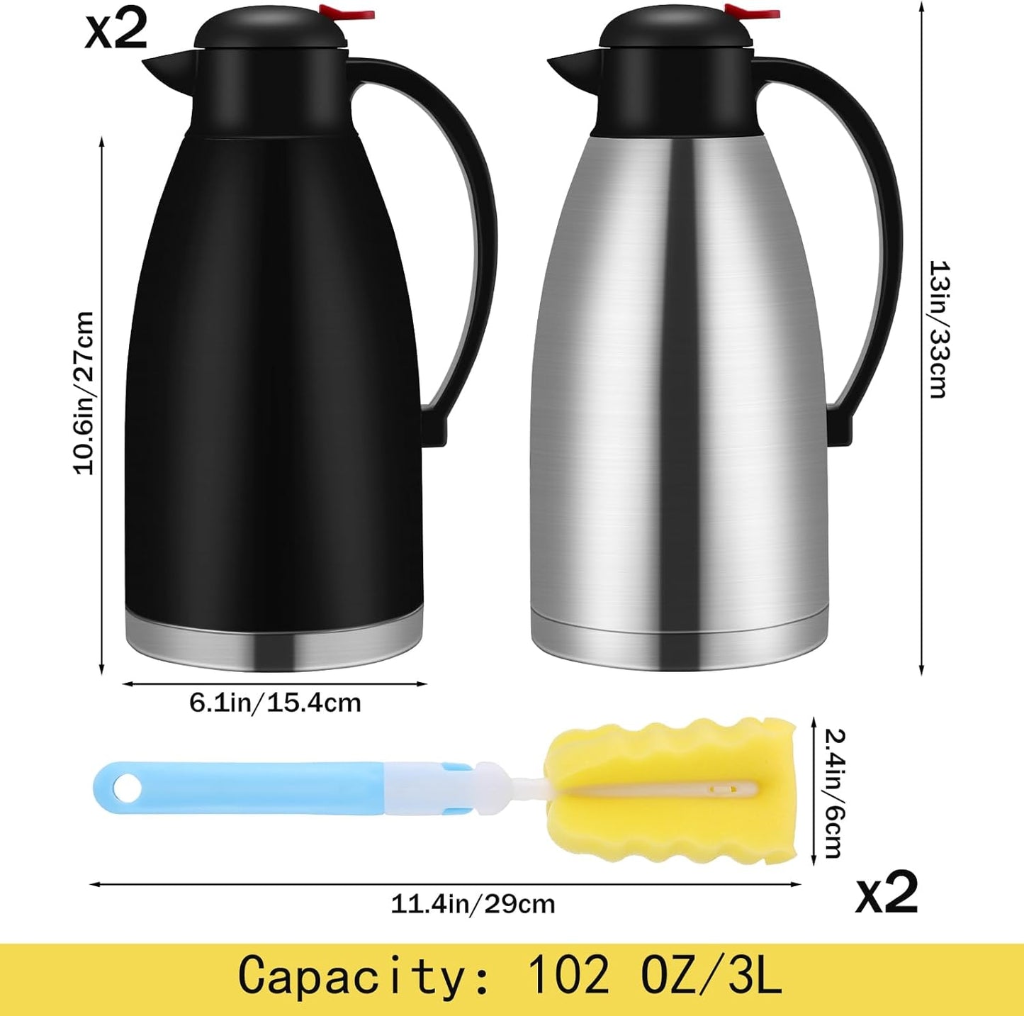 Nuogo 2 Pcs 102 oz Thermal Coffee Carafe Insulated Stainless Steel Carafe Double Walled Vacuum Coffee Thermal Pot with Brush for Home Office Use Keep 24 Hours Hot Water Tea(Silver, Black)
