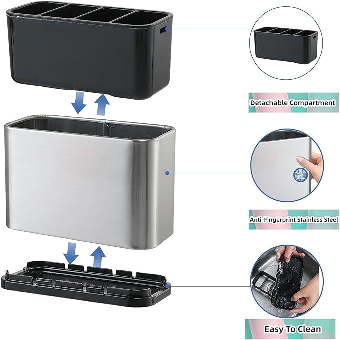 LIBODOUR Utensil Holder,Stainless Steel Caddy Counter,Spoon holder,4 Compartments Silverware Caddy,Capacity Flatware Spoon Fork Tool Cutlery Holder（Silvery）