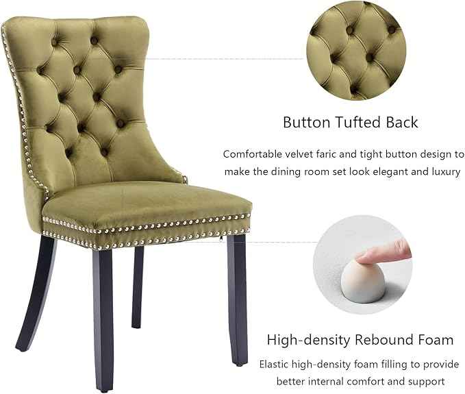 Velvet Dining Chairs Set of 4, Tufted Upholstered Wingback with Back Ring Pull Trim, Solid Wood Legs (Olive Green) for Dining, Living, Kitchen