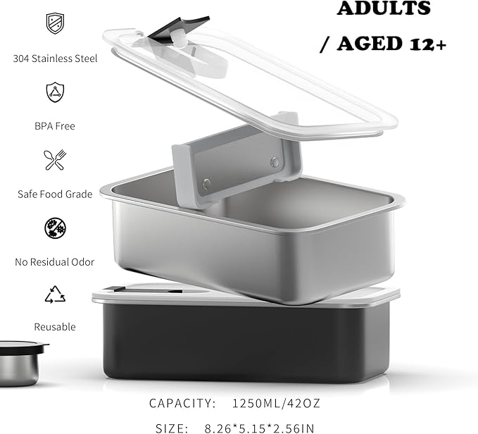 Bakpoco Stainless Steel Bento Lunch Box for Adult, 42oz Leak-Proof Lunch Box Containers, Microwave-Safe, with Adjustable Divider, Convenient Metal Lunchbox for Work, Travel