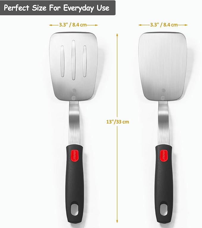 Stainless Steel Spatula Turner Set, 2-Pack Metal Spatula for Kitchen Use,VOVOLY Heavy Duty Cooking Turners, Wide Blade with Beveled Edge, Heat Resistant Silicone Handle, Dishwasher Safe