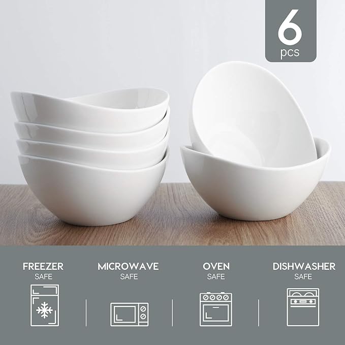 19 Ounces Ceramic Serving Bowls, Sturdy Porcelain White Oval Salad Bowls, Stackable Food Server Fruit Display Dishes for Party Dinner, Microwave and Dishwasher Safe, Set of 6