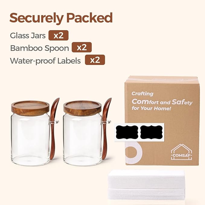 ComSaf of 2(0.8Qt) Glass Coffee Canister, Airtight Coffee Container with Spoon for Coffee Lovers to Store Whole Beans or Grounds, Coffee Jar Organize Coffee Bar & Office Tabletop