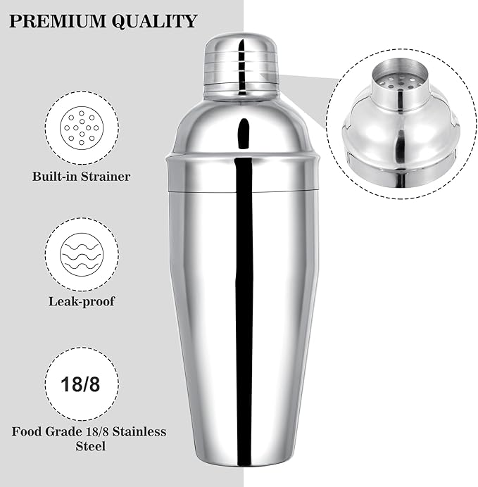 BARsics 24oz Stainless Steel Bar Cocktail Shaker, 1oz/2oz Jigger and 8" Mixing Spoon