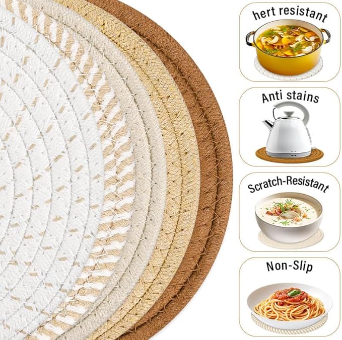 Tidponra Trivet Mats Set for Hot Dishes, 5 Heat Resistant Pot Holders for Kitchen, Home Essentials, Anti Stain Hot Pads for Hot pots and Pans, Fall Decorations for Home, 7 Inches(Brown)