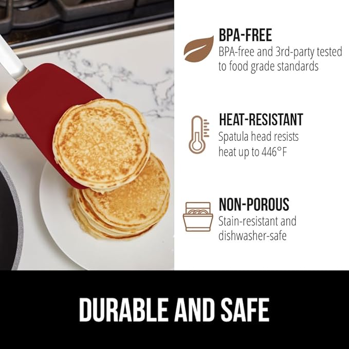 GORILLA GRIP Patented BPA-Free Non-Scratch Spatula, Heat Resistant Flexible Silicone Head for Nonstick Cooking Pans, Soft Rubber Handle, Kitchen Spatulas for Flipping Eggs, Pancakes, 11.6 in, Red
