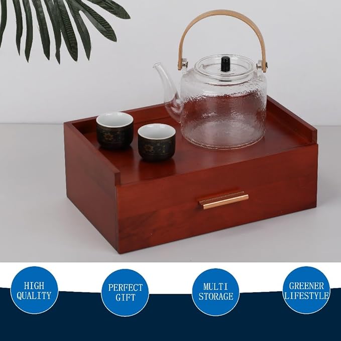 Tea Organizers and Storage Box Tea Station Organizer for Countertop with 4 Cotton Woven Coasters Pine Wood Tea Bag Organizer Drawer Teabag Holder with 8 Compartments（Brown01）
