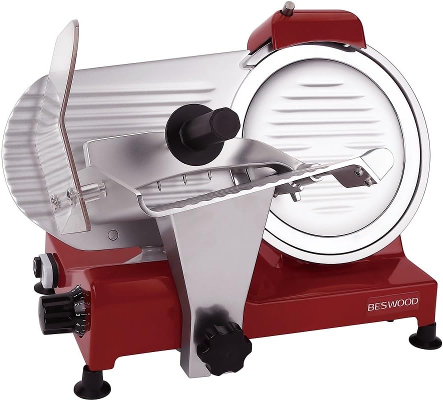 10" Premium Chromium-plated Steel Blade Electric Deli Meat Cheese Food Slicer with Serving Plate Commercial and for Home use 240W Classic Red