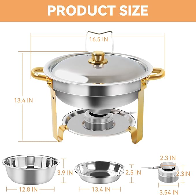 4.8 QT 4PC Chafing Dishes for Buffet with Lid, Round Chafing Dishes for Buffet, Catering Supplies Buffet Display, Serving Trays for Gatherings, Stainless Steel Food Wamer Server for Wedding (4)