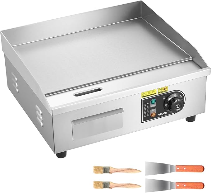 VEVOR Commercial Electric Griddle, 17.72 x 11.81 inch, 1750W, 122-570°F Adjustable Temp Control, Stainless Steel Countertop Flat Top Grill with 2 Spatulas, 2 Brushes, and 4 Foot Pads, for Steak