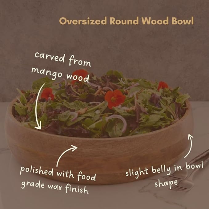 Oversized Salad Bowl, 19" Wide, Big Serving Dish for Pasta, Cut Fruit, Party, Catering, Wedding, Restaurant, Kitchen Countertop Fruit Bowl, Farmhouse Style, Mango Wood
