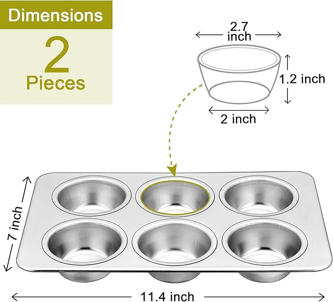 P&P CHEF Muffin Pan Cupcake Baking Pan Set, Stainless Steel Muffin Tin Tray for Mini Cake Tart Quiche, Oven & Dishwasher Safe, Non-toxic & Heavy-duty, (6 Cup, 2Pcs)