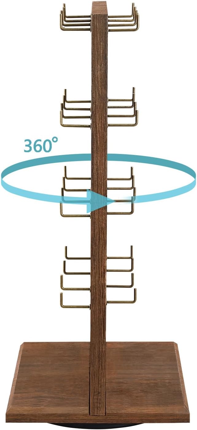 Ikee Design Wooden Rotating Two-Sided Jewelry Display Stand, Rotating Organizer with 32 Long Hooks for Store, Keychain Earring Display, Brown color, 9.1W x 7.5 D x 17.1 H in
