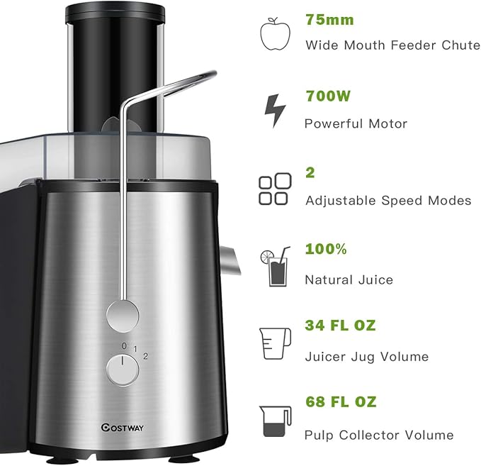 COSTWAY Juice Extractor, 75MM Wide Mouth Stainless Steel Juicer Machines, 2-Speed Setting High Speed Masticating Juicer Machine for Fruits and Vegetable with Slag Pot and Juice Jug, BPA-Free