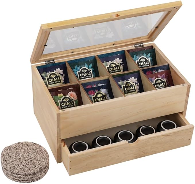 Tea Bag organizer Storage Box with Drawer Tea Organizers with Clear Acrylic Window Wooden Tea Box for Countertop with 8 Compartments Teabag Holder with 4 Cotton Woven Coasters（WWood02）