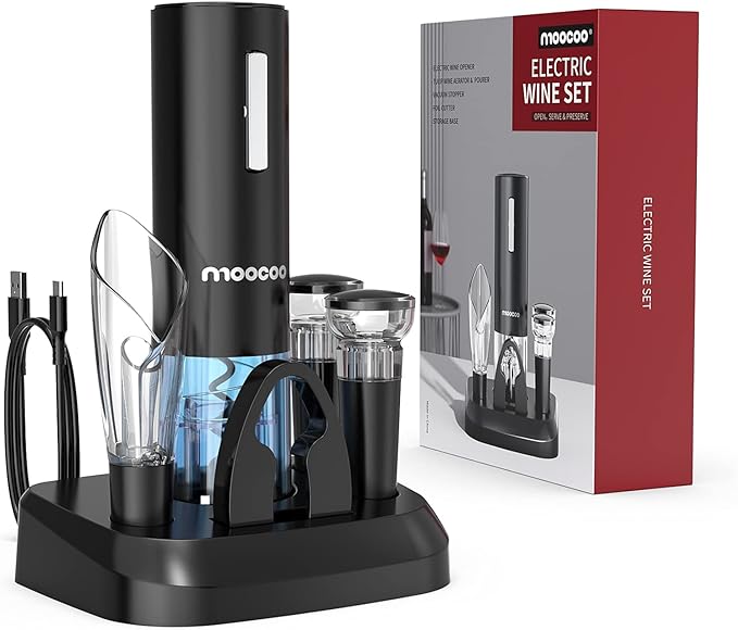 Moocoo Electric Wine Opener with Charging Base, Cordless Electric Wine Bottle Opener with 2-in-1 Aerator &Pourer, Foil Cutter, 2 Vacuum Preservation Stoppers, Display Charging Station for Easy Storage