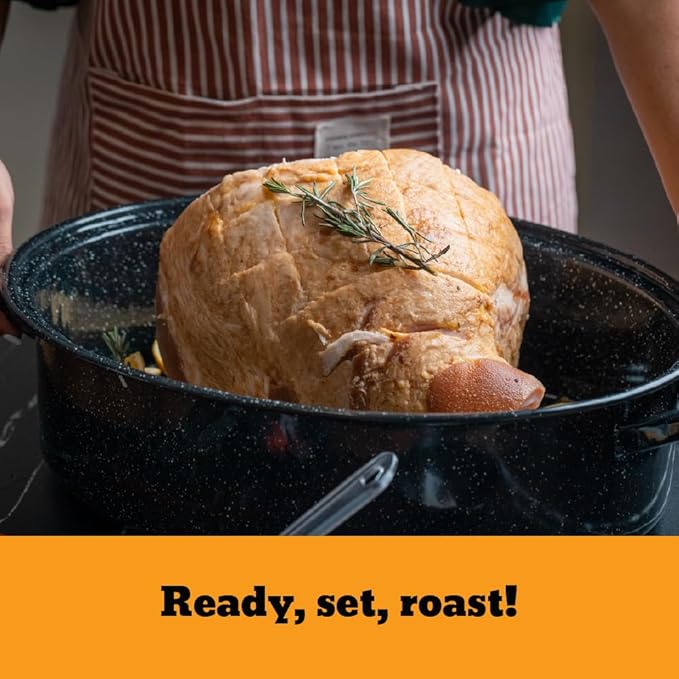 Granite Ware 19 inch oval roaster with Lid, V Rack included (Speckled Black) - design to accommodate up to 20 lb poultry/roast. Resists up to 935°F