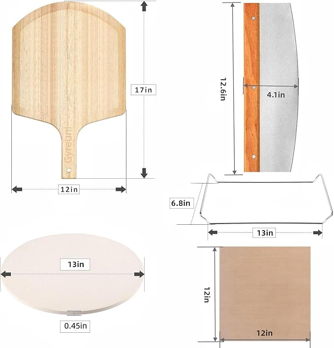 5 PCS Round Pizza Stone Set, 13" Pizza Stone for Oven and Grill with Pizza Peel(OAK),Serving Rack, Pizza Cutter & 10pcs Cooking Paper for Free, Baking Stone for Pizza, Bread