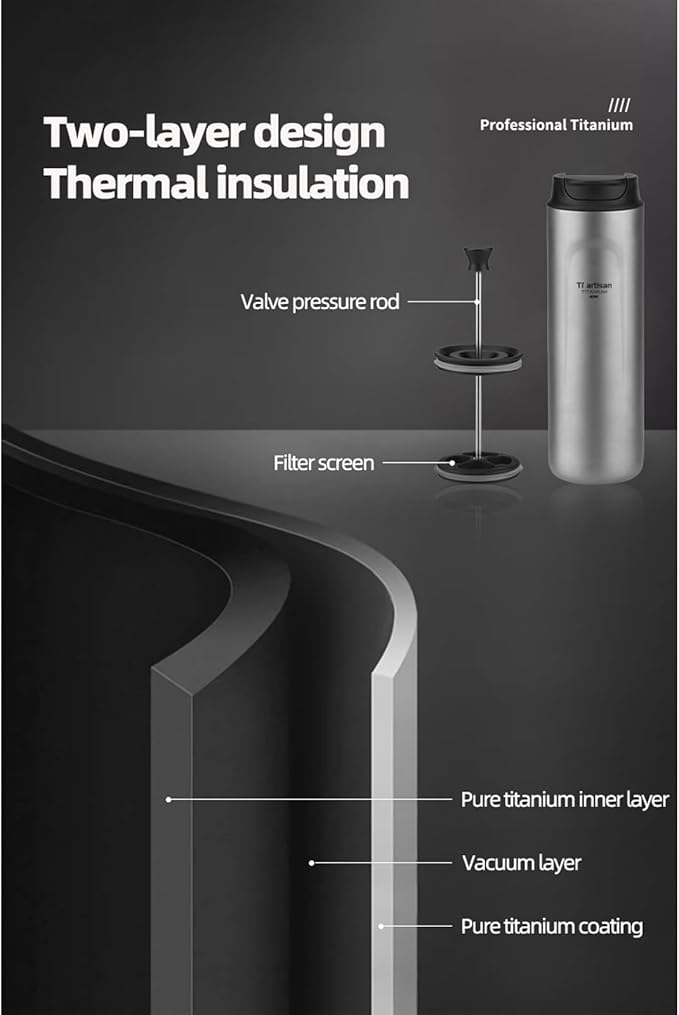 Titanium Water Bottle French Press Pot Milk Frother Coffee maker Coffee cups 16.23fl oz | Double Layer Thermal Insulation | Leakproof & Packable for Travel & Sports | (Grey)