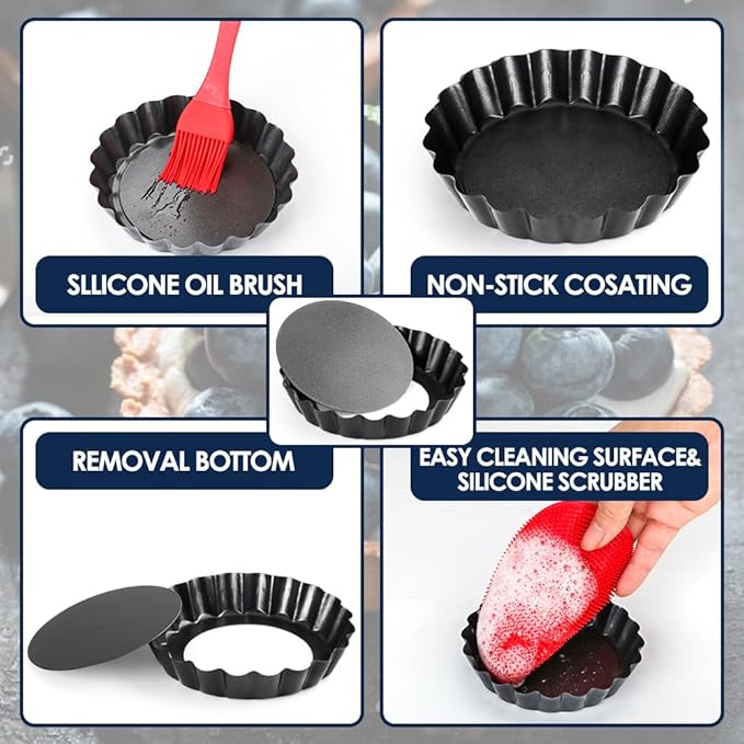 4 Pack 4 Inch Mini Tart Pans with Removable Bottom, Nonstick Quiche Pan Round, Mini Pie Pans with Oil Brush&Silicone Scrubber, Heavy Duty Fluted Side for Pies, Mousse Cakes, Dessert Baking
