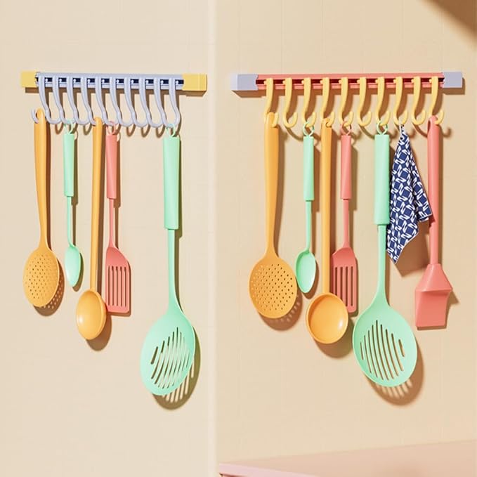Utility Slide Rail Hook,Under Cabinet Kitchen No Punching Hooks for Hanging Utensil,Bathroom Bedroom Office Wall Door Rack with 10 Hooks,2Pieces