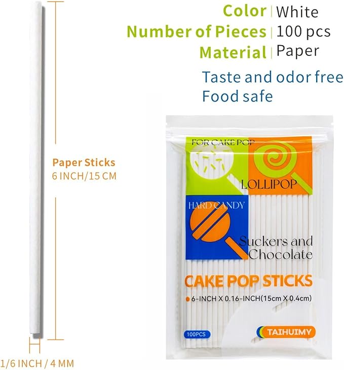 100 Count 6 INCH White Paper Lollipop Sticks,Cake Pop Sticks,Sucker Sticks for Cookies,Rainbow Candy,Chocolate,Cake Topper(Dia 4mm)