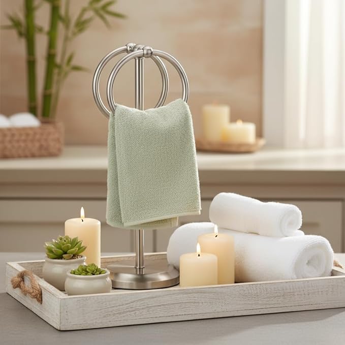 J&V TEXTILES Steel Towel Rack Holder Stand with 2 Hanging Rings for Bathroom Vanity Countertops - Space Saving Hand Towel Holder (Brushed Satin Nickel)
