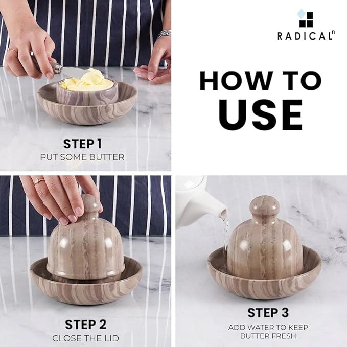 Radicaln Marble Butter Dish With Lid 6" Inches Natural Brown Handmade Butter Storage Container, Ideal Butter Dish and Butter Crock For Counter With Water