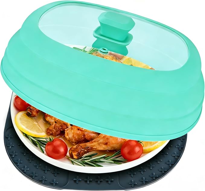 Microwave Splatter Glass Cover with Silicone Mat,Food Safe Collapsible Silicone Microwave Cover for Food with Vent Hole and Easy Grip Silicone Handle Knob,BPA Free,Dishwasher Safe (Green)