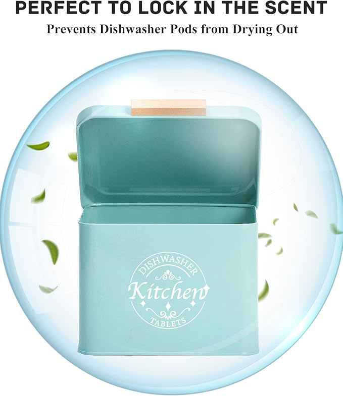 Dishwasher Pod Container with Hinged Lid. Farmhouse Metal Dishwaser Pods Holder for Kitchen Cabinet Organizer. Modern Kitchen Decor and Accessories. Dishwasher Detergent Tablet Storage (Green)