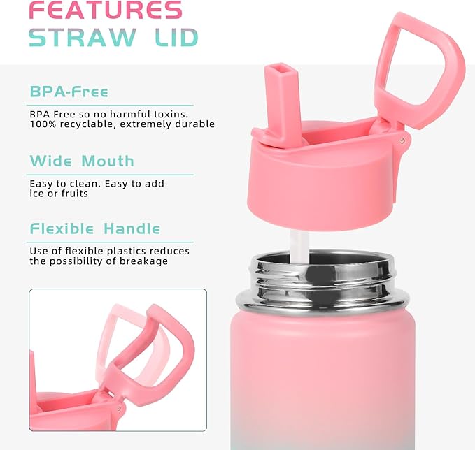Volhoply 14oz KIds Water Bottle with Straw Lid and Silicone Boot Bulk 6 Pack,Stainless Steel Insulated Cups for Boys & Girls Multipack,Double Wall Vacuum Leakproof Bottles(Pink Green,6)