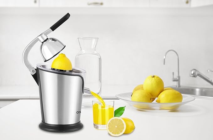 Courant Orange Juicer Electric Citrus juicer, Compact Design Quality Juice Extractor, Orange Squeezer for Lemons, Limes, Grapefruits + 2 cones Stainless Steel
