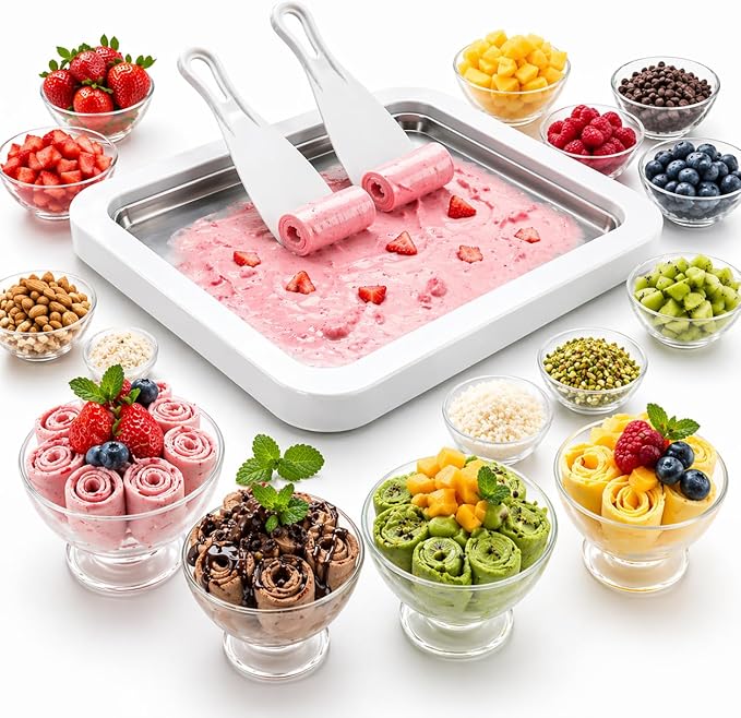 Ice Cream Roller Maker, At Home Rolled Ice Cream Maker Machine, Dairy Free & Frozen Yogurt Maker, Electric Free Countertop Ice Cream Machine with Spade for Rolls, Sorbet & Frozen Yogurt (White)