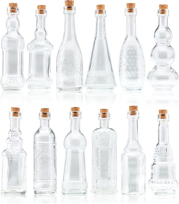 BULK PARADISE Decorative 6 Pack Clear Glass Bottles and Small Mini 12 Pack Clear Glass Bottles