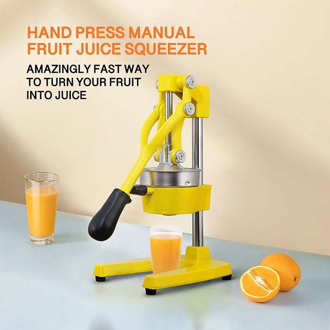 Commercial Heavy Duty Cast Iron Hand Press Manual Orange Citrus Lemon Lime Grapefruit Pomegranate Fruit Juice Squeezer Machine with Stainless Steel Cup Yellow