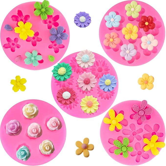5Pcs Flower Molds Silicone Rose Chocolate Mold Daisy Flower Fondant Mould Polymer Clay Resin Mold Soap Ice Cube Gummy Sugar Wax Melt Molds for Baking and Cake Cupcake Decorating DIY Craft