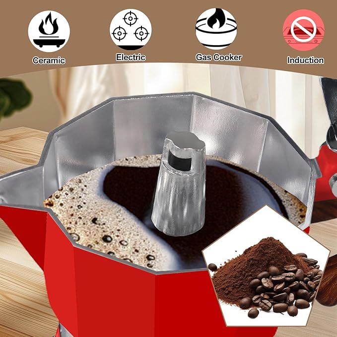 Aluminum 6 Cup 300ml Moka Pot Express Coffee Maker Stovetop Espresso Colorful Coffeemaker Italian Classic Style Brewing Greca Cafe Mocha Machine for Cafeteras Lover Camping Travel and Home Use 10oz