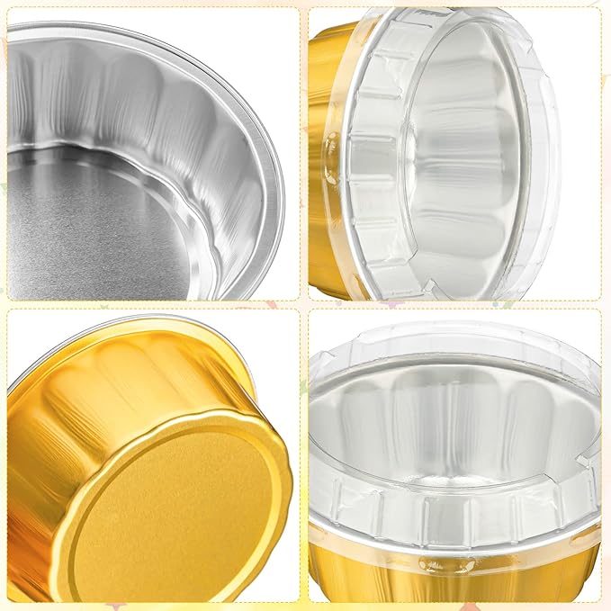 Tessco for you 100 Pcs Disposable Ramekins with Lids 8 oz Creme Brulee Ramekin Aluminum Foil Cup Cupcake Liner Baking Valentines Disposable Muffin Tin Pan Cheesecake Container (Yellow,Silver)