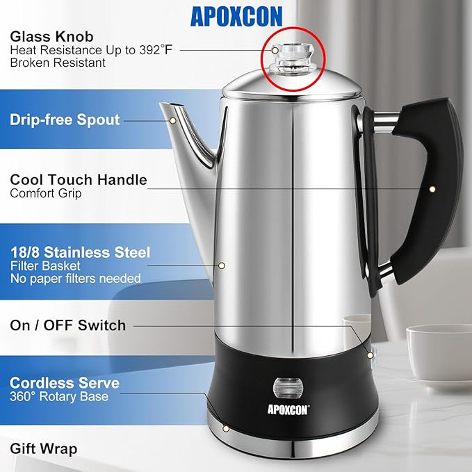 APOXCON Electric Coffee Percolator Stainless Steel Coffee Maker with Clear Brew Progress Tough Glass Knob and On/OFF Switch Classic Coffee Pot with Keep Warm & Cordless Serve No Aluminum (12 Cup)