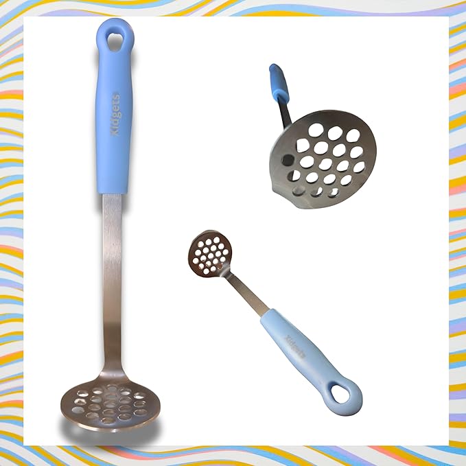 Medium Small Potato masher Egg & Avocado Masher. Sturdy design, comfortable grip, Dishwasher Safe. Stainless steel, lightweight kitchen essential. (Sky Blue)