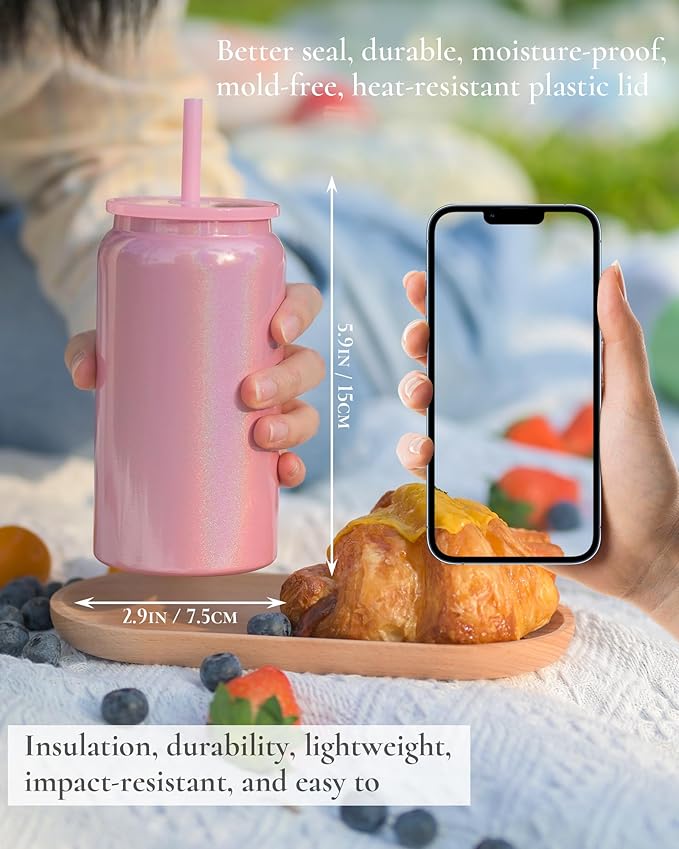 Glass Cups with Lids and Straws, 16oz Stainless Steels Cups, Beer Cups, Iced Coffee Cup, Smoothie Cup, Sublimation Tumbler, Pink (Shiny Polished Finish, Sublimatable)