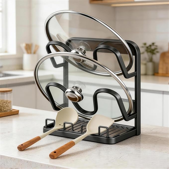 Kitchen Pot Lid Storage Rack: Carbon Steel Double-Layer Holder & Spoon Rest with Removable Drip Tray, Pot Cover Holder While Cooking, Pot Lid Organizer for Kitchen Counter Space Saving(Gray)