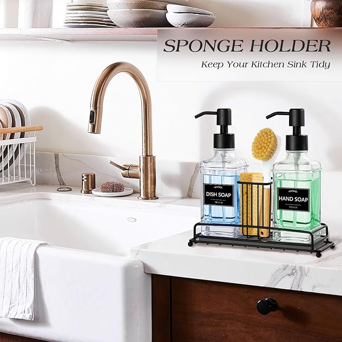 VIMERPA Kitchen Soap Dispenser Set,Kitchen Soap Dispenser with Sponge Holder,Hand and Dish Dispenser Set,Instant Dry Tray, Clear